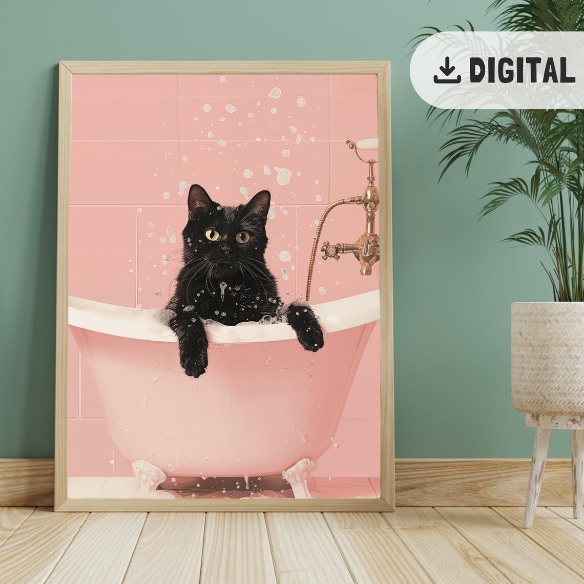 Bathtub Cat Poster, Funny Black Cat Bathroom Art