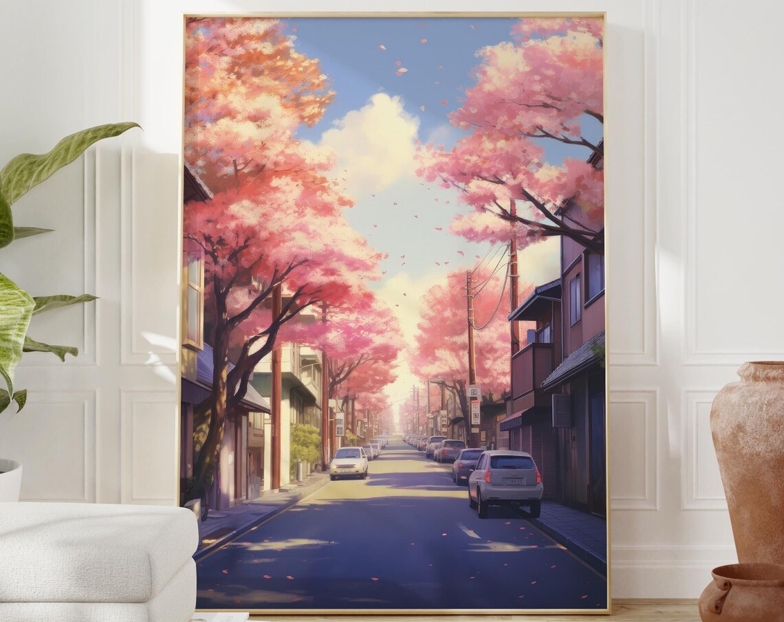 Anime Cherry Blossom Street in Japan With Pink Sakura Trees Poster - Image 2