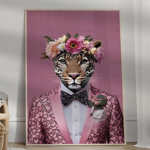 Leopard In Tuxedo With Floral Crown Maximalist Oil Painting Wall Art Dopamine Dining Room Colorful Trendy Vivid Morning Poster