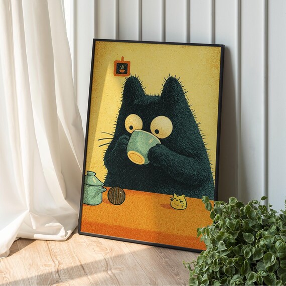Black Cat Drinking Coffee Cute Funny Cat Animal Illustration Poster