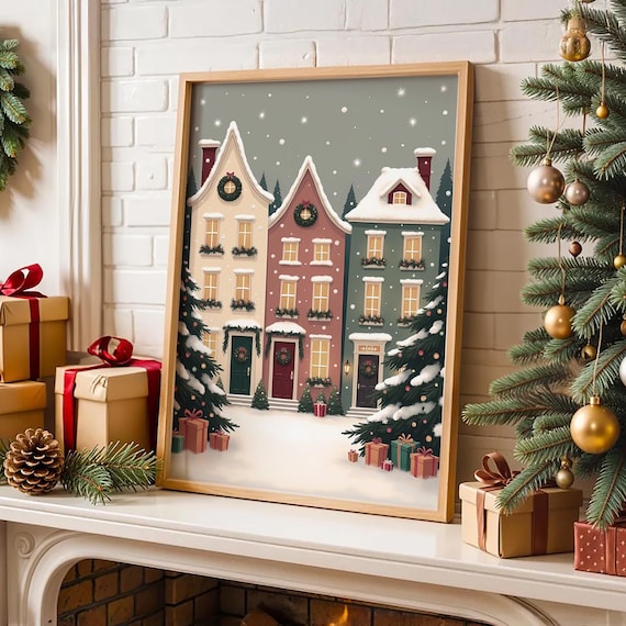 Snowy Christmas Village Houses Holiday Street Whimsical Winter Poster