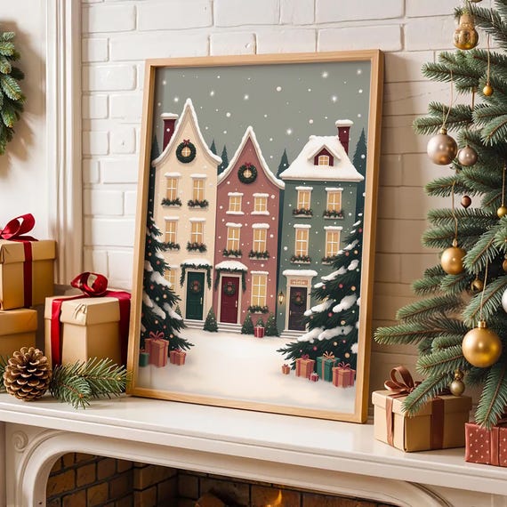 Whimsical Winter Village Wall Art Cozy Christmas House Print Snowy Cottage Landscape Pastel Holiday Decor Scandinavian Poster