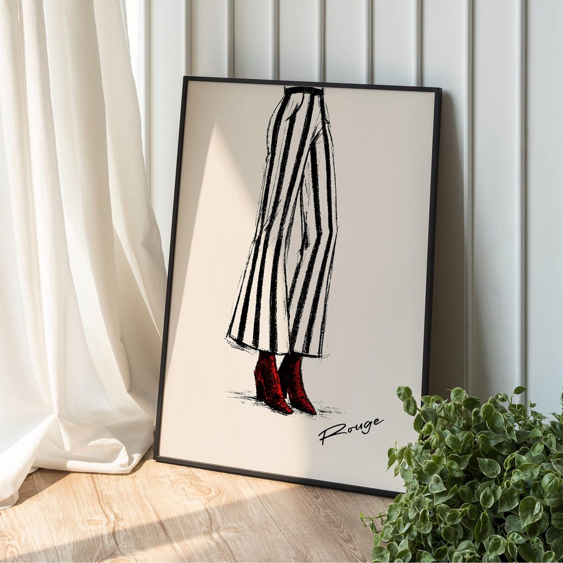 Chic Rouge Striped Trousers Red Boots Fashion Illustration Print