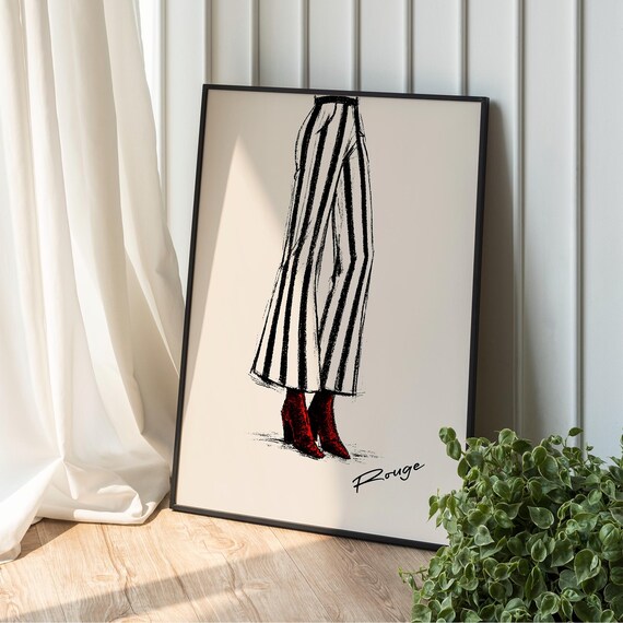 Chic Rouge Striped Trousers Red Boots Fashion Illustration Print