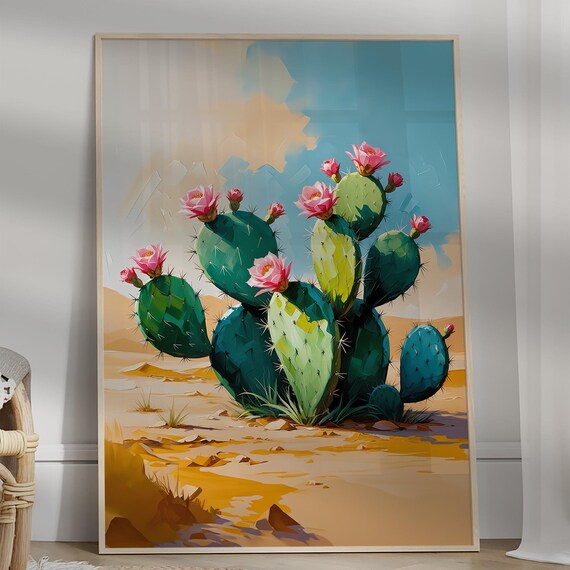 Flowering Prickly Pear Cactus Desert Pink Blossoms Botanical Poster