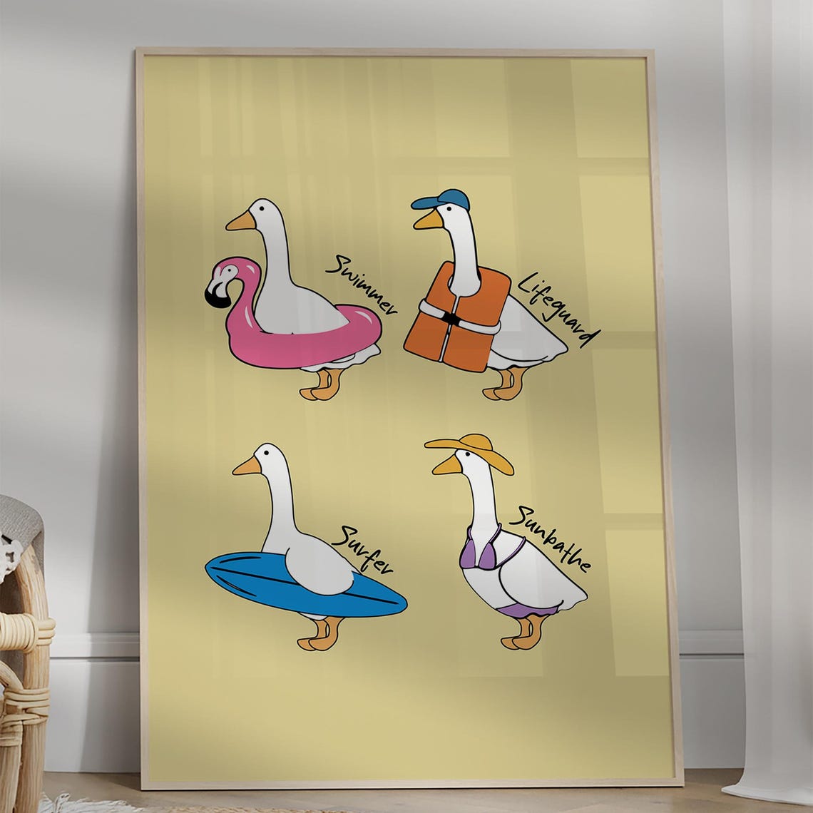Funny Cartoon Duck Family Summer Beach Party Bath Poster for Kids
