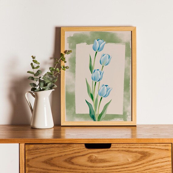 Watercolor Blue Tulip Blooms Sage Green Border Floral Art Print