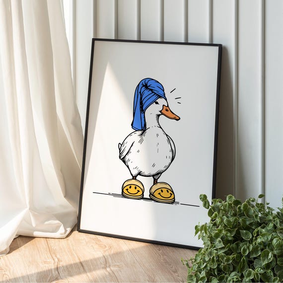 Cute Bathroom Duck Poster Blue Yellow Retro Wall Art In Towel Preppy Dorm Decor Funny It Girl