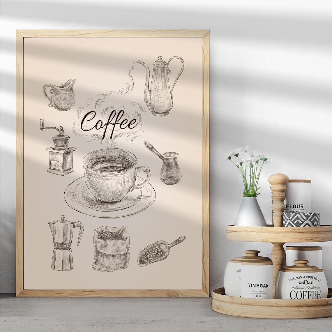 Coffee Script Sketch Moka Pot Grinder Vintage Cafe Kitchen Poster
