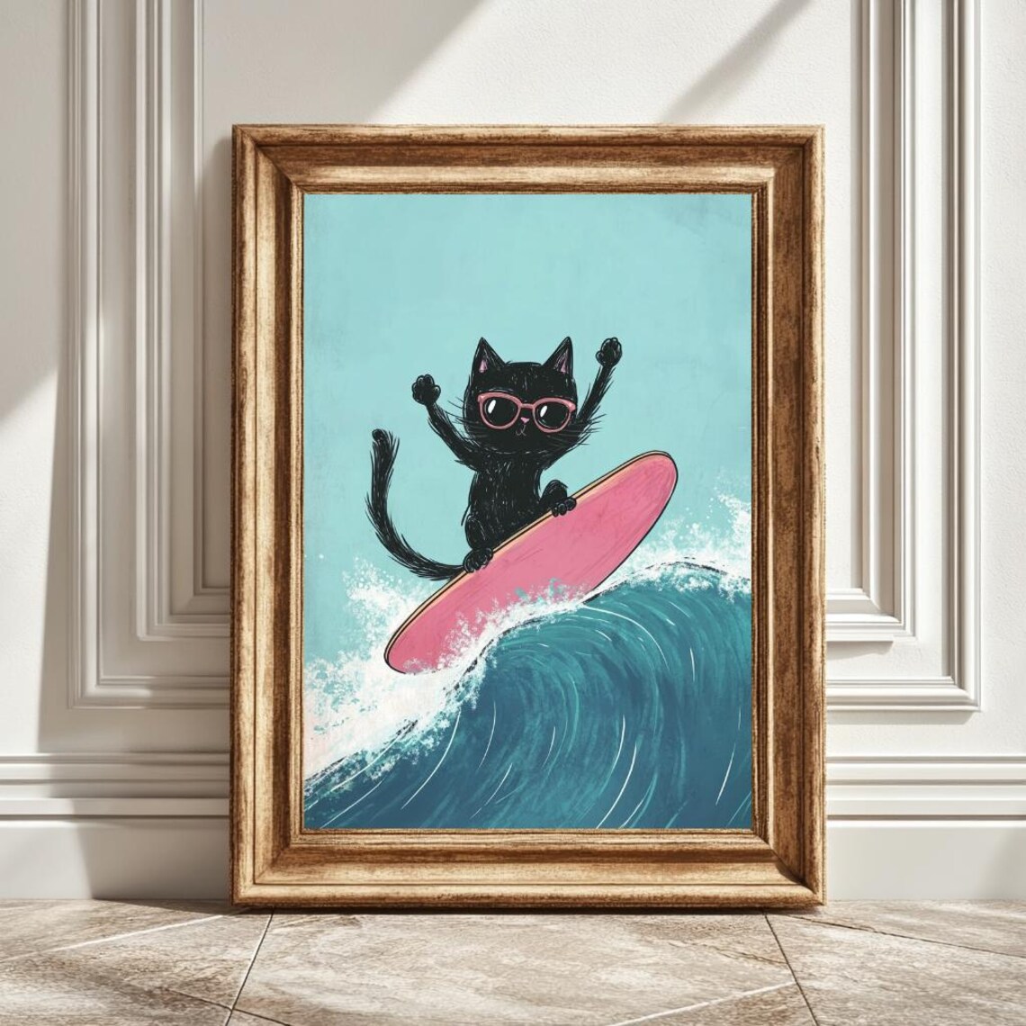 Black Cat Surfing Wave Drawing, Ocean Theme Art Print