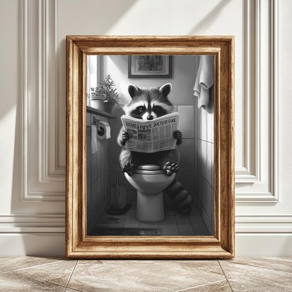 Raccoon On A Toilet Reading Newspaper, Bathroom Humor