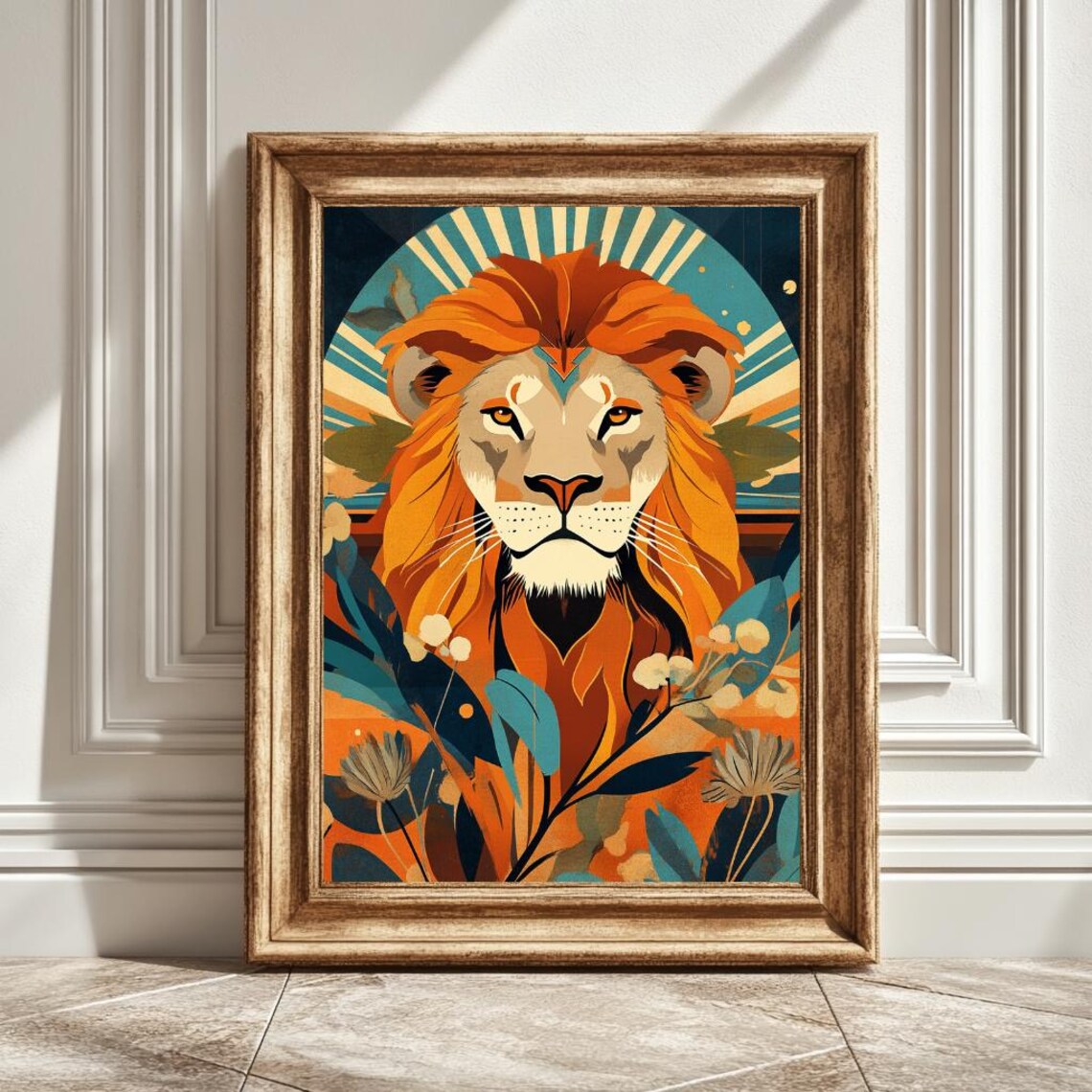 Boho Style Lion Portrait, Vintage Minimalist Art Print