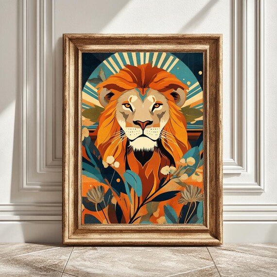 Boho Style Lion Portrait, Vintage Minimalist Art Print