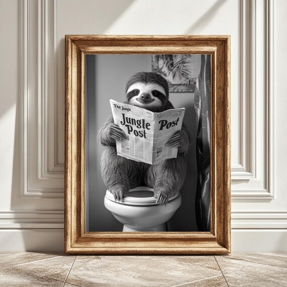 Sloth Toilet Newspaper, Funny Bathroom Decor Art Print