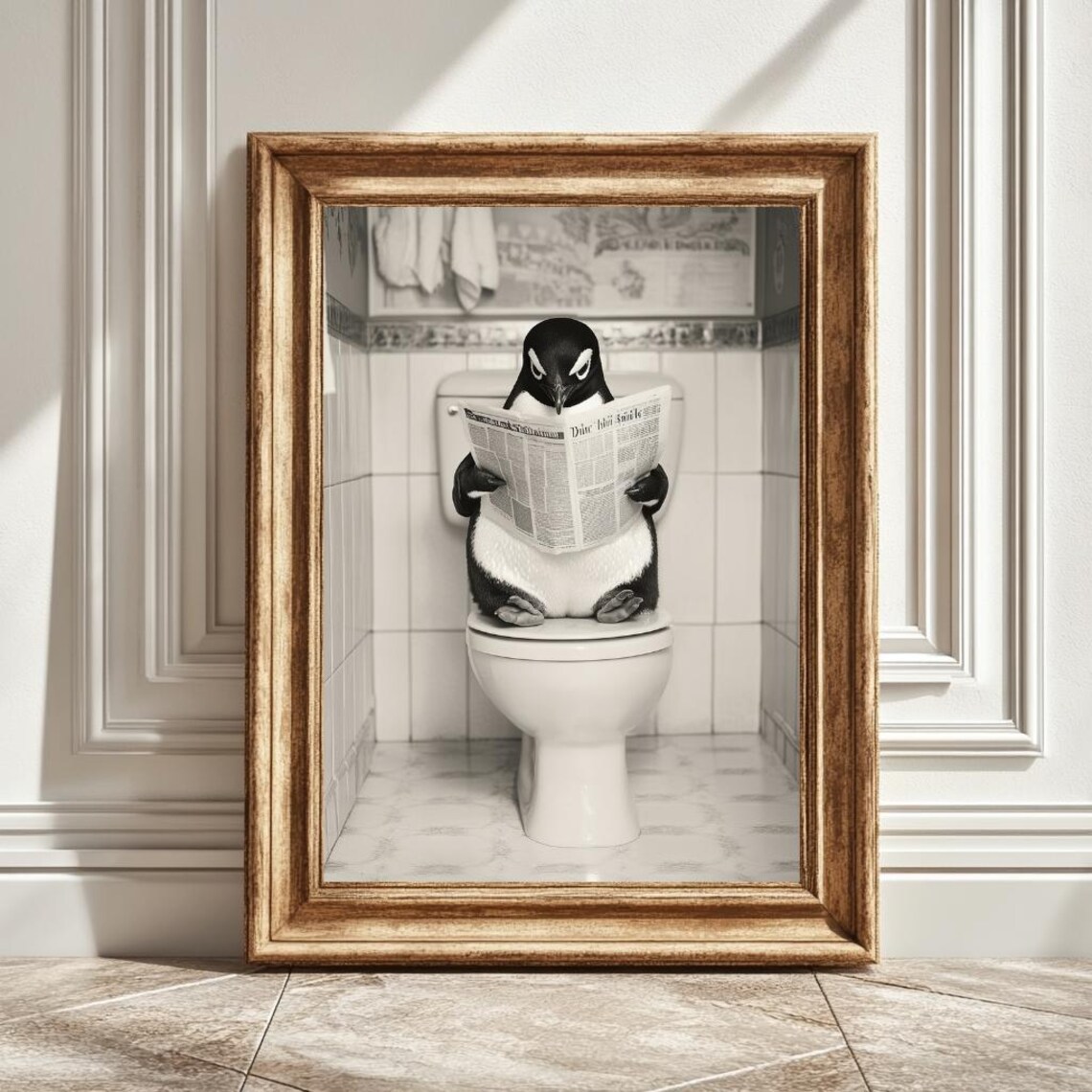 Penguin On Toilet Reading Newspaper, Bathroom Decor