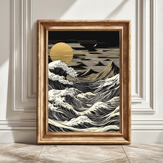 Sea Ocean Wave Moon Retro Art Print