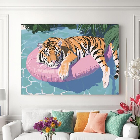 Tiger With Pink Floaty, Modern Art Print