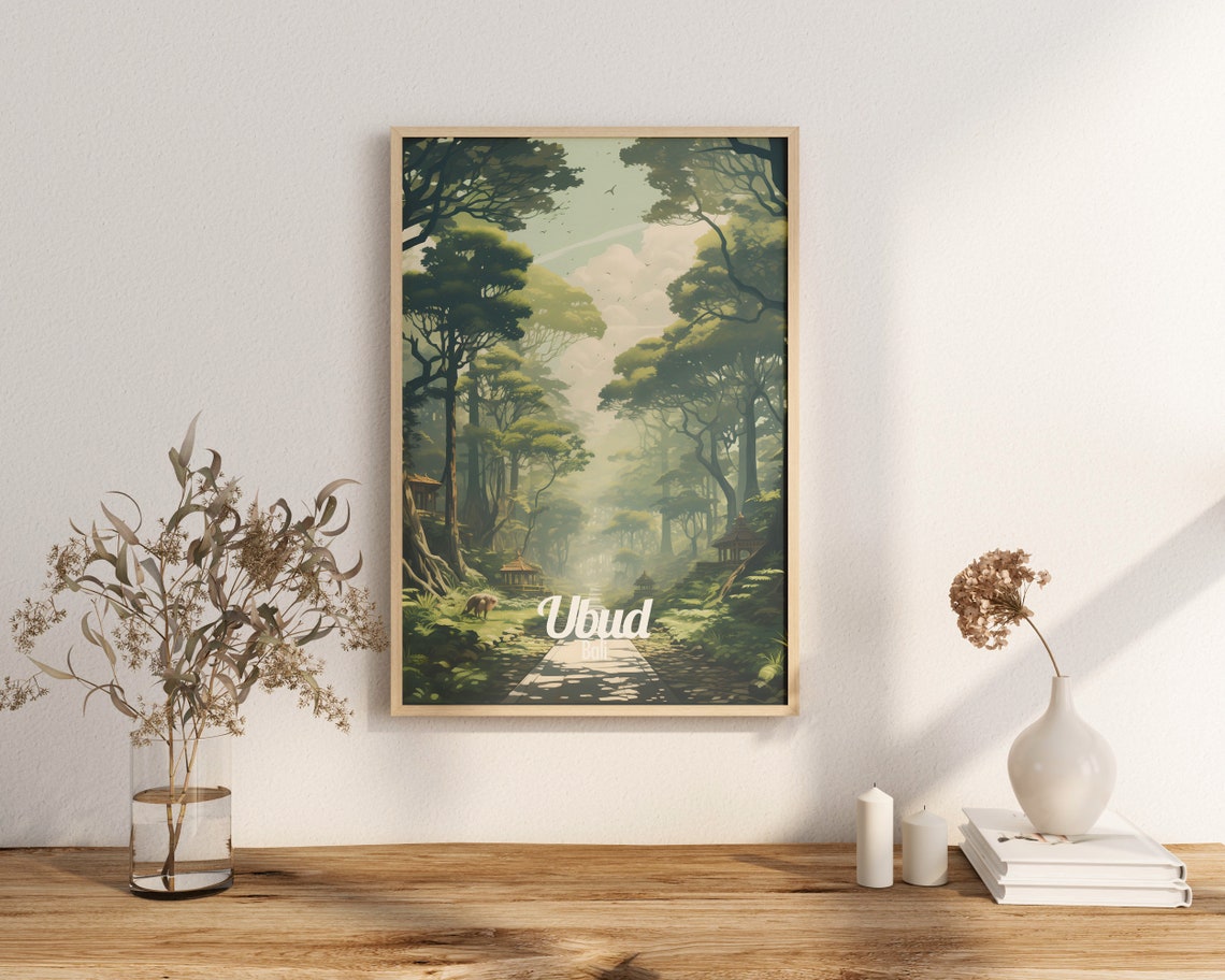 Ubud Bali Emerald Jungle Temple Pathway Vintage Travel Poster