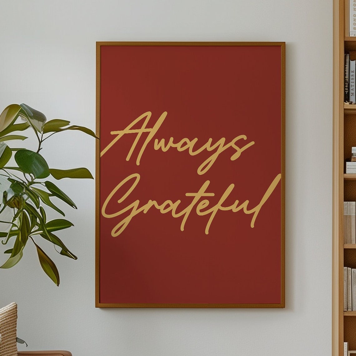 Always Grateful Cream Calligraphy Script On Deep Red Boho Print