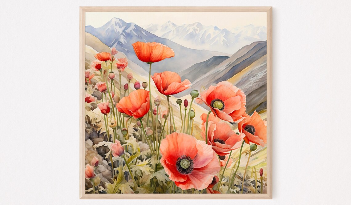 Watercolor Poppy Field Mountain Landscape Art Print