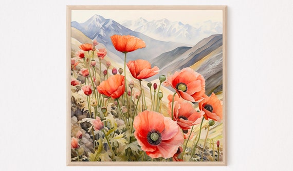 Watercolor Poppy Field Mountain Landscape Art Print