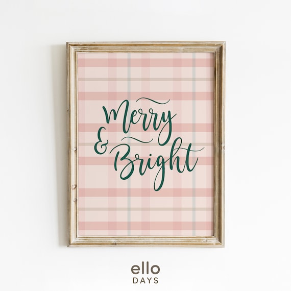 Merry and Bright Pink Plaid Script Holiday Christmas Wall Poster