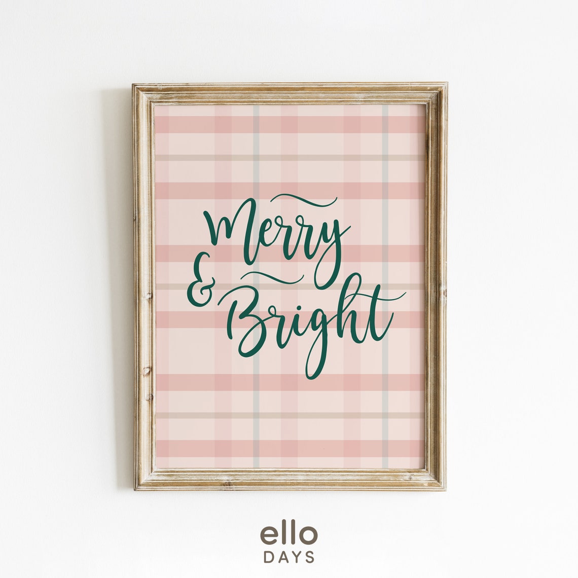 Merry and Bright Pink Plaid Script Holiday Christmas Wall Poster