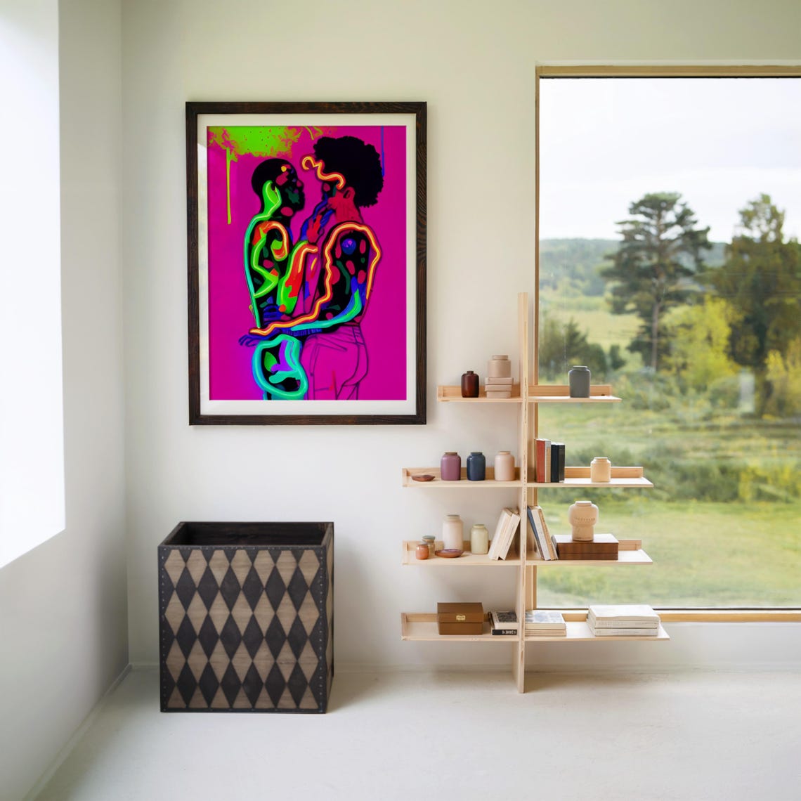 Abstract Neon Couple Embrace Silhouette Contemporary Night Art Print