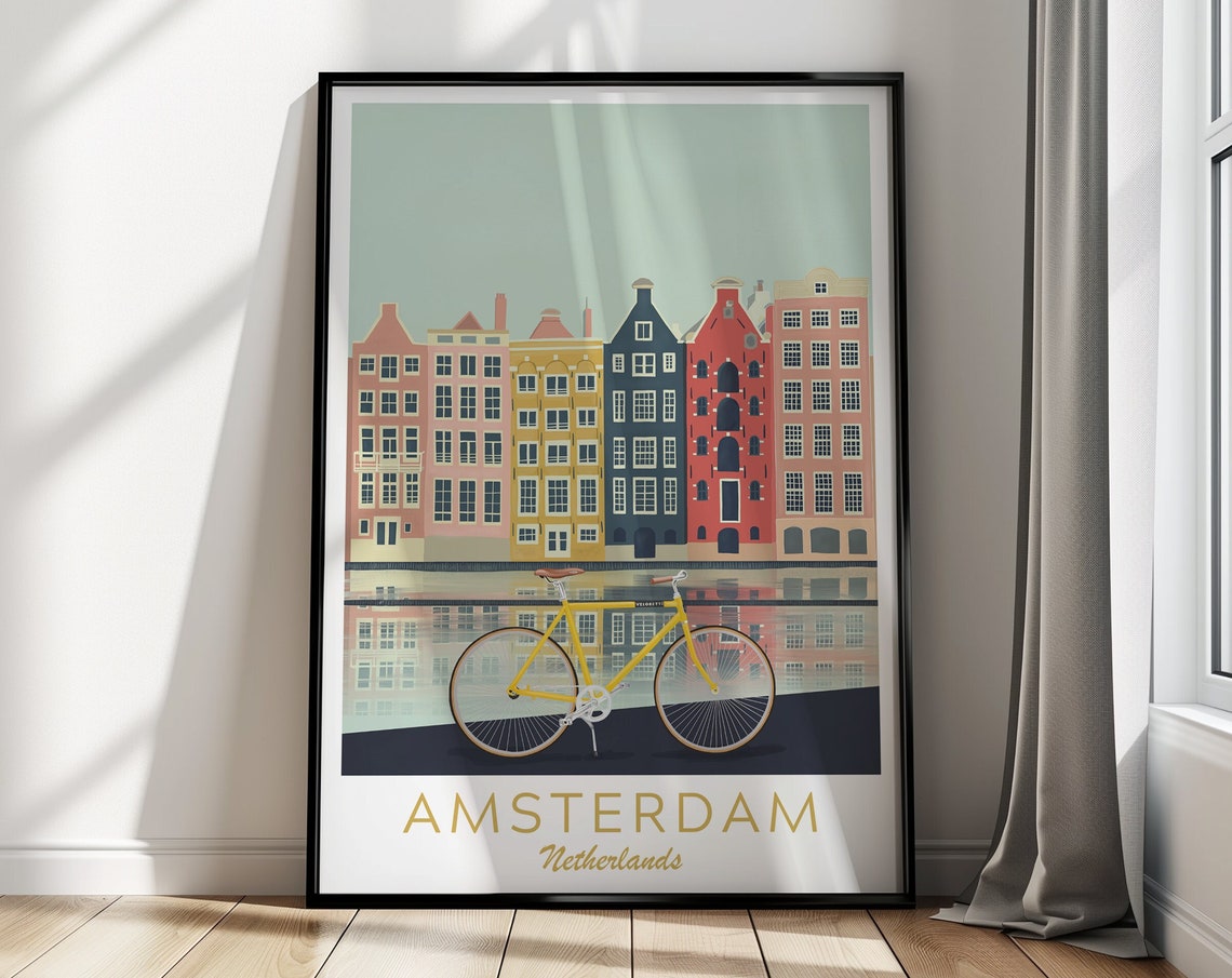 Amsterdam City Illustration Dutch Houses Poster Holland Travel Print Holland Poster Vintage Travel Art Amsterdam Holiday Birthday Gift