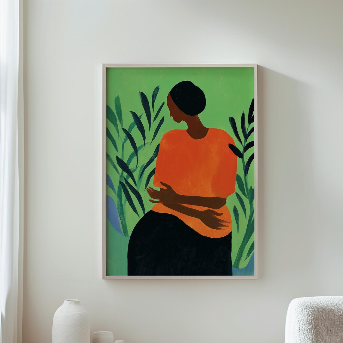 Abstract Art Modern Wall Boho Decor Woman Orange Green Background Contemporary Print Stylish Home