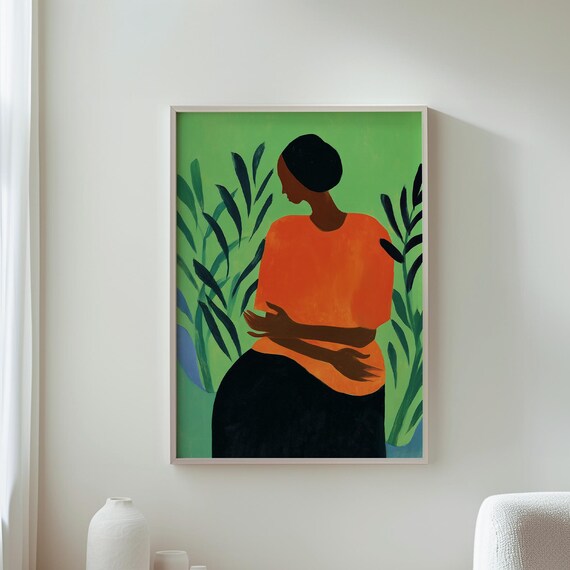 Woman In Orange Top Green Botanical Background Modern Art Poster