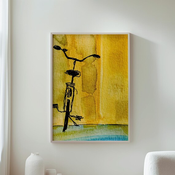 Minimalist Wall Art Yellow Bicycle Print Bike Decor Cycling Watercolor Artwork Modern Home