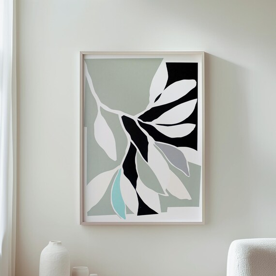 Minimalist Abstract Botanical Leaves Sage Green Modern Art Poster