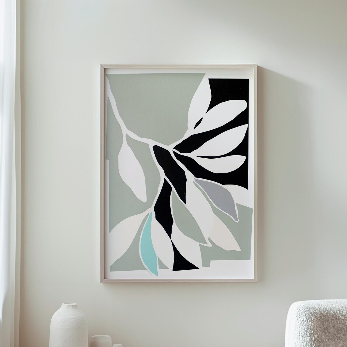 Minimalist Abstract Botanical Leaves Sage Green Modern Art Poster