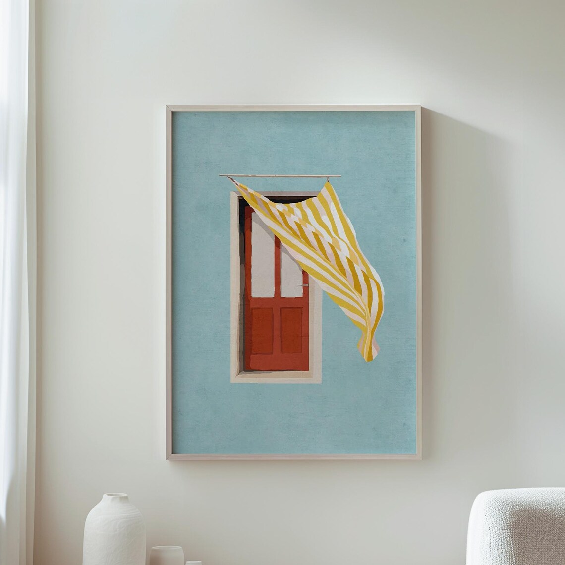 Sunlit Window Striped Curtain Teal Minimalist Coastal Sea Breeze Poster