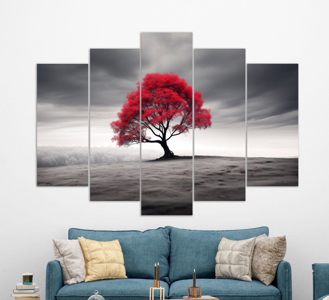 Lonely Red Tree Stormy Grey Landscape Bold Contrast Nature Art Poster - Image 2