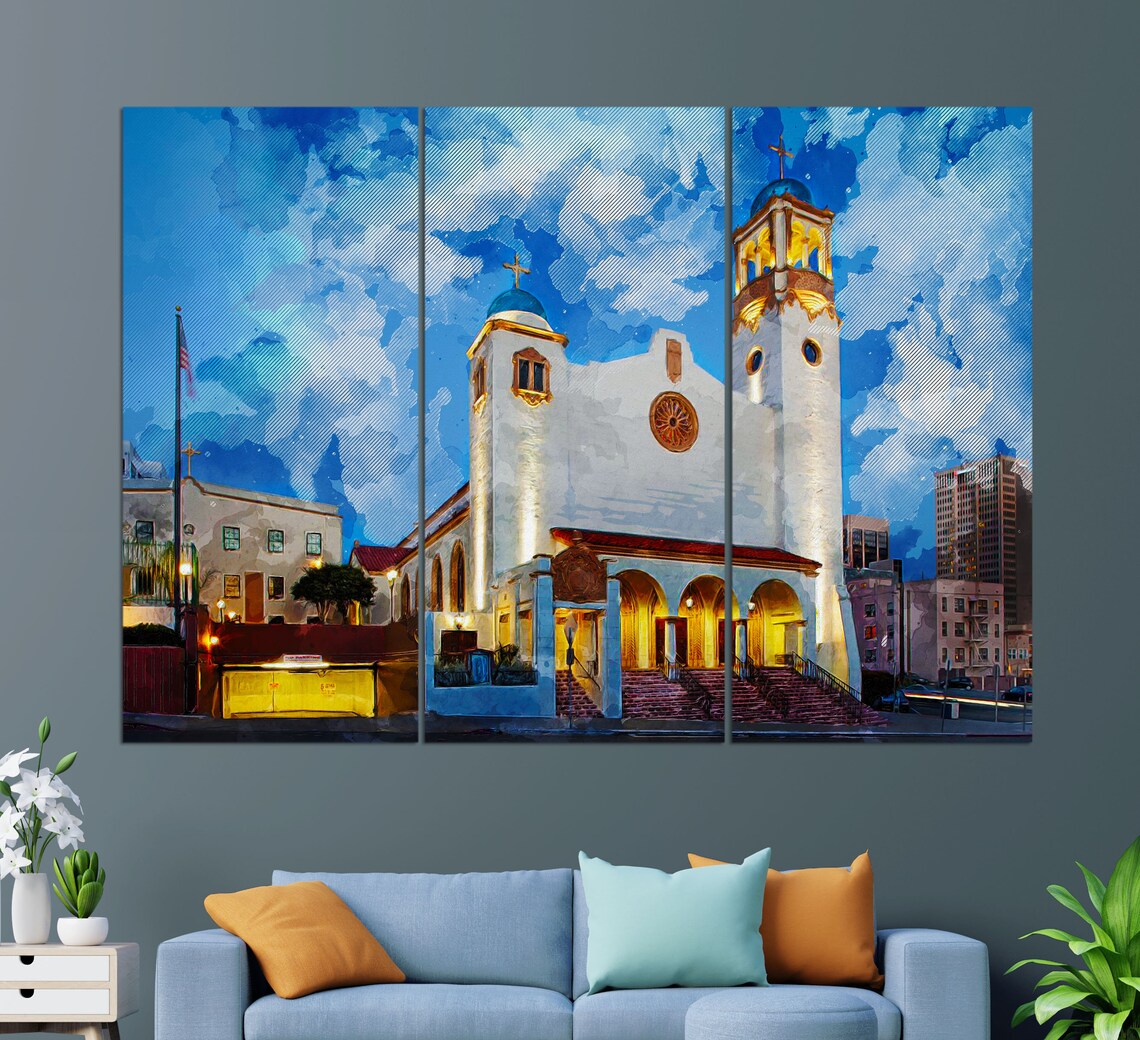 St Joseph Cathedral San Diego White Blue Domes Watercolor Poster - Image 3