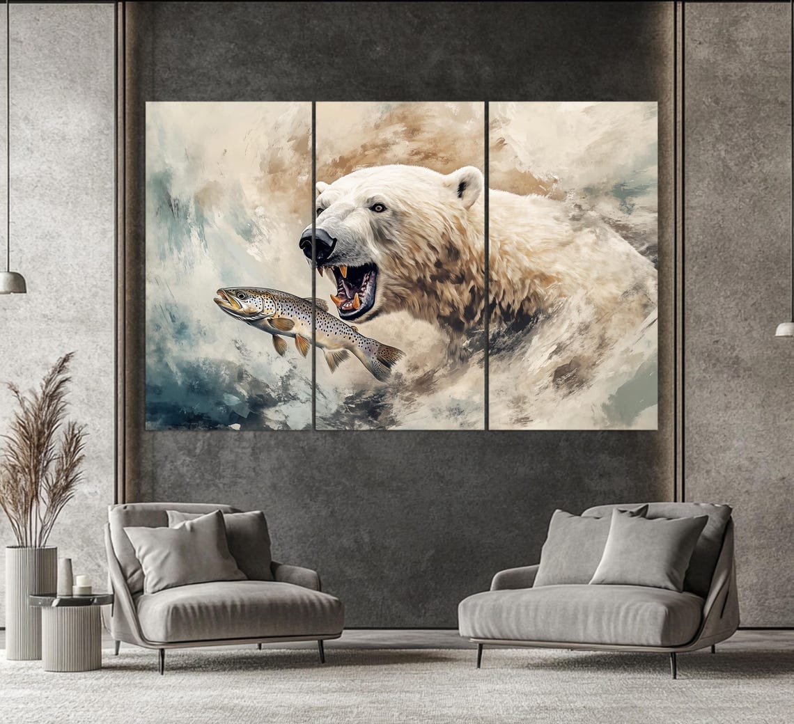 Polar Bear Catching Fish Wild Arctic Hunting Scene Animal Wall Art - Image 2