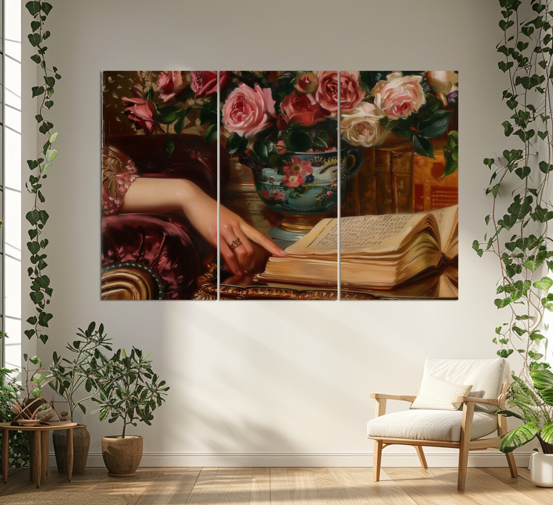 Abstract Woman Reading Books, Vintage Library Decor - Image 2