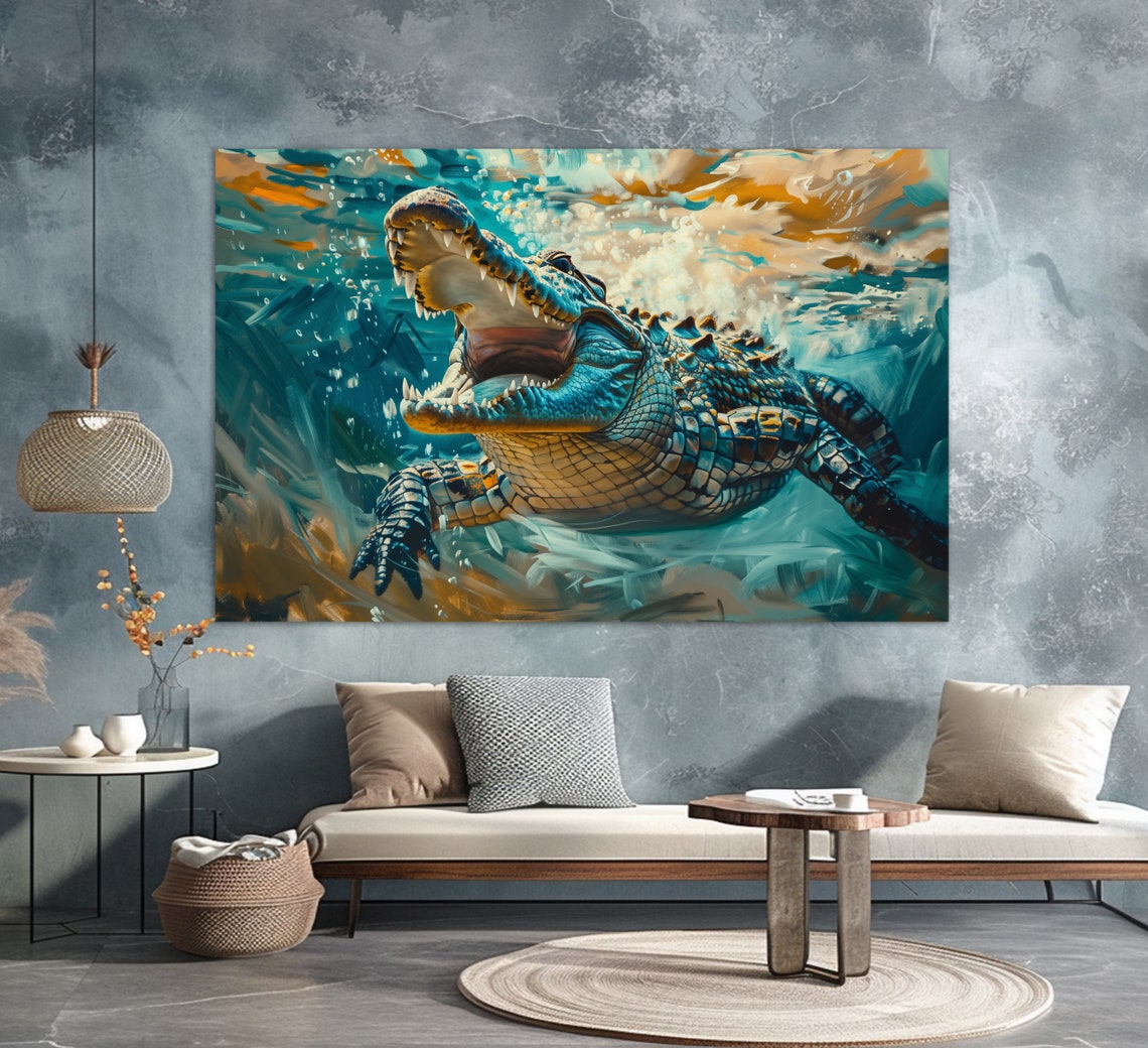 Crocodile Underwater Jaws Open Teal Painting Wild Reptile Art Poster - Image 2