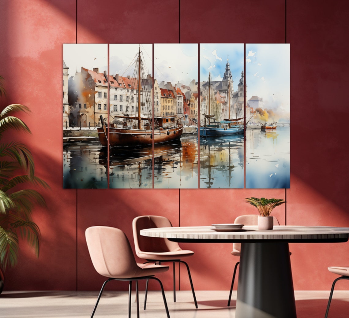 Gdansk Poland Old Harbor With Ships Watercolor Painting Travel Poster - Image 3