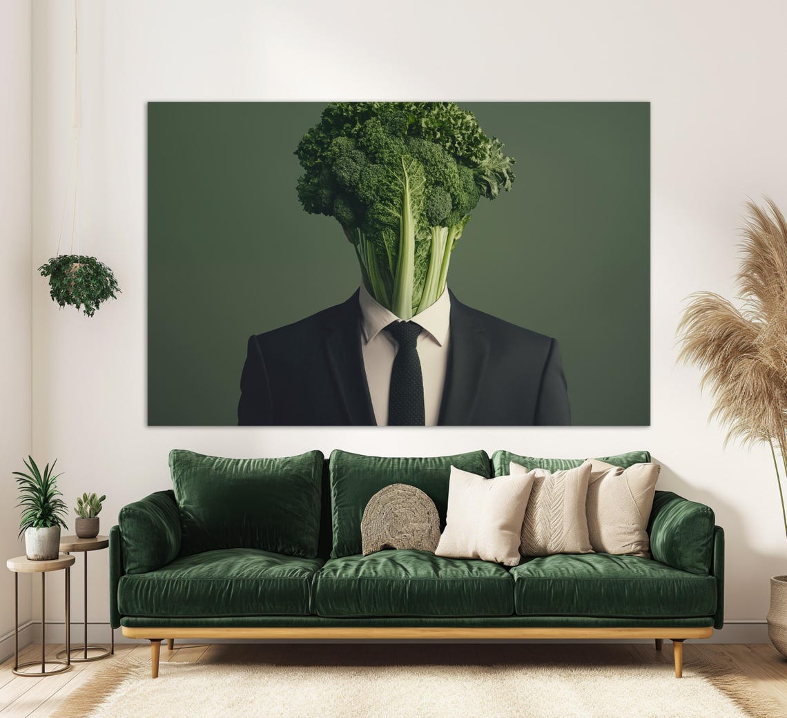 Broccoli Head Businessman Suit Surreal Funny Food Art Portrait Poster