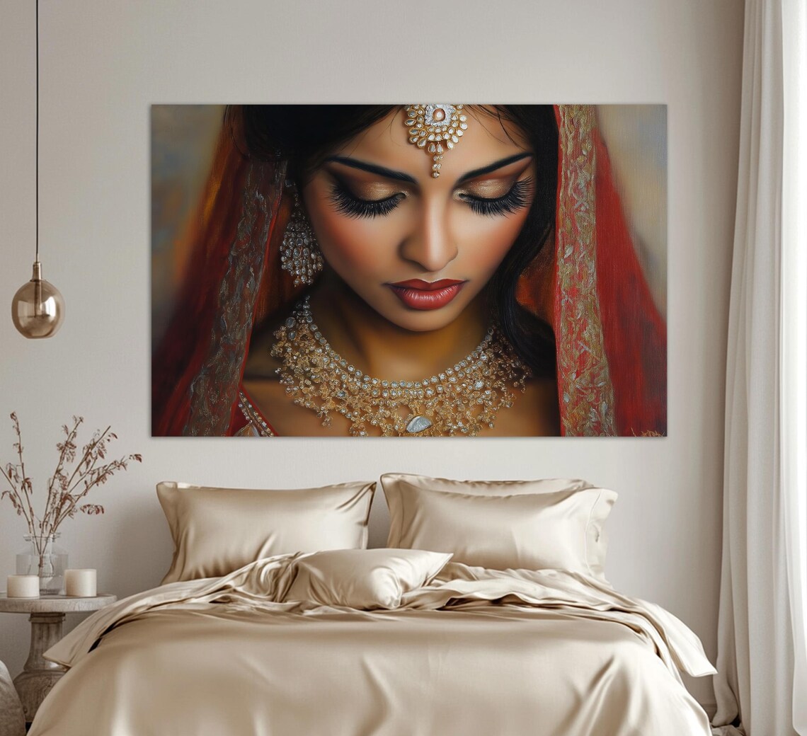 Beautiful Indian Bride Portrait Red Veil Jewelry Painting Art Print - Image 4