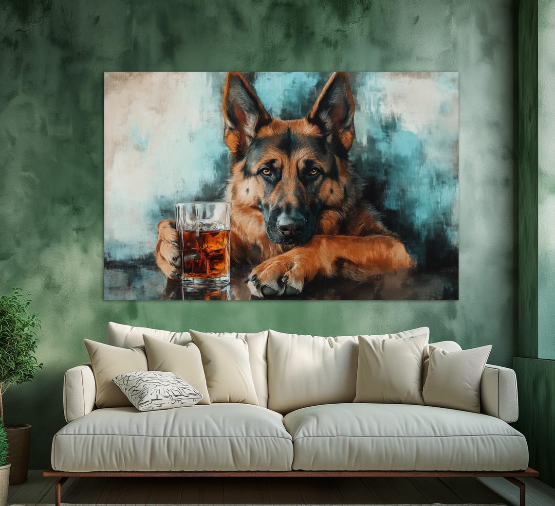 German Shepherd Dog With Whiskey Glass Pub Bar Humor Animal Wall Art - Image 2