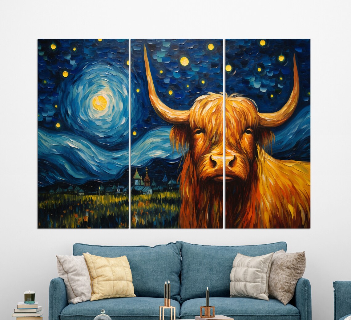 Highland Cow Starry Night Van Gogh Style Swirling Blue Sky Animal Art Poster - Image 2