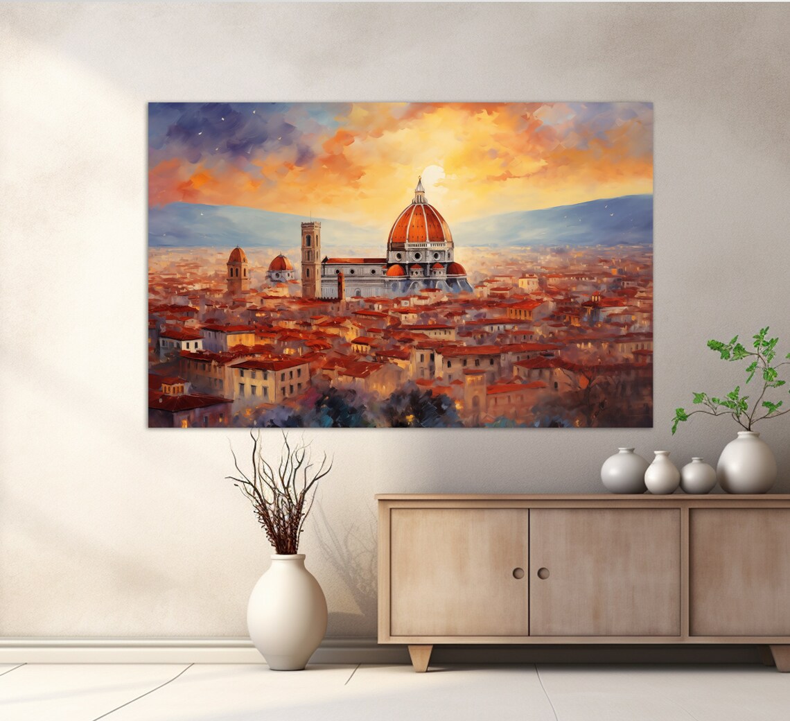 Florence Italy Duomo Golden Sunset Rooftops Oil Painting Poster