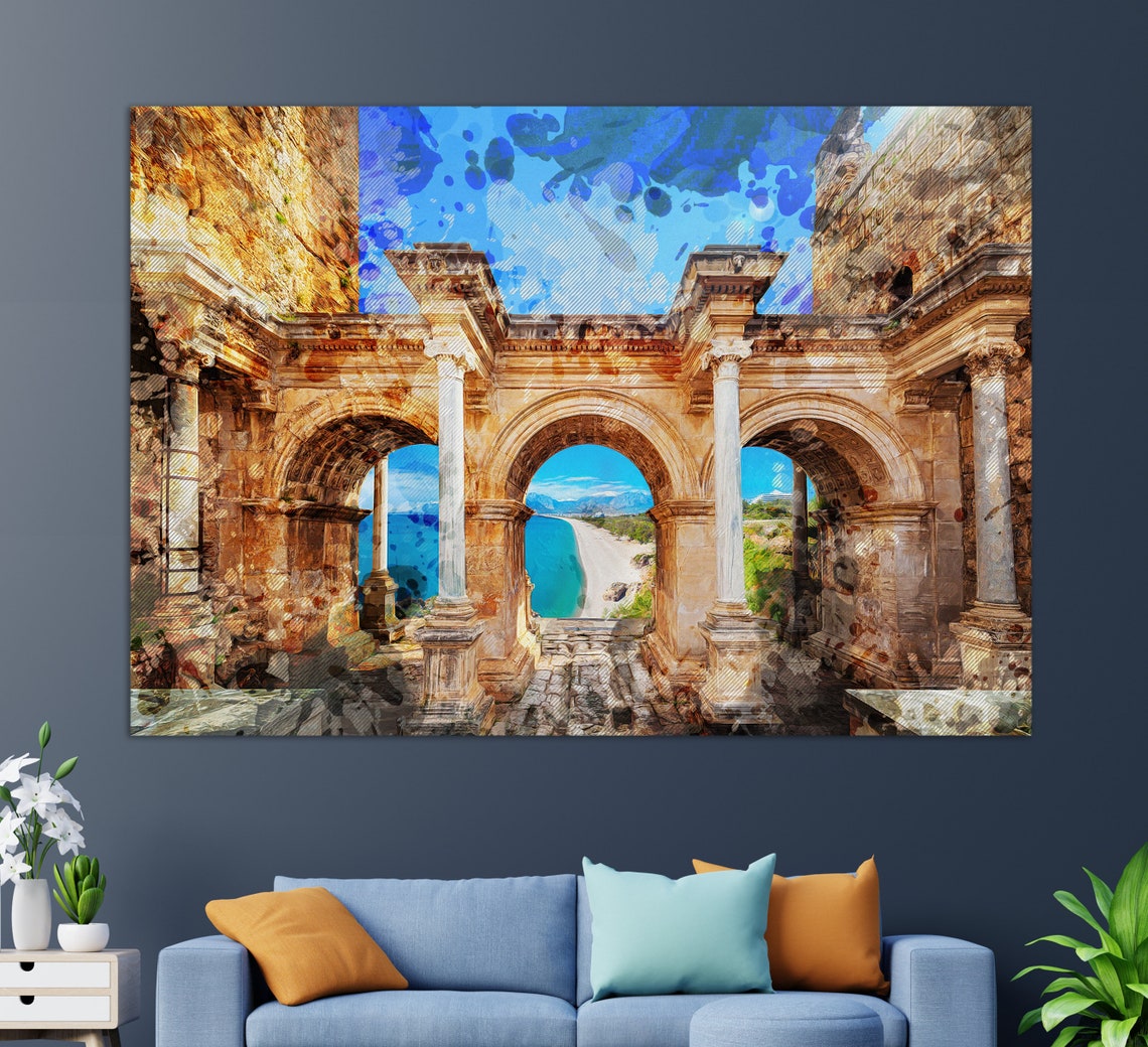 Antalya Hadrian Gate Ancient Arches Turquoise Sea View Travel Poster