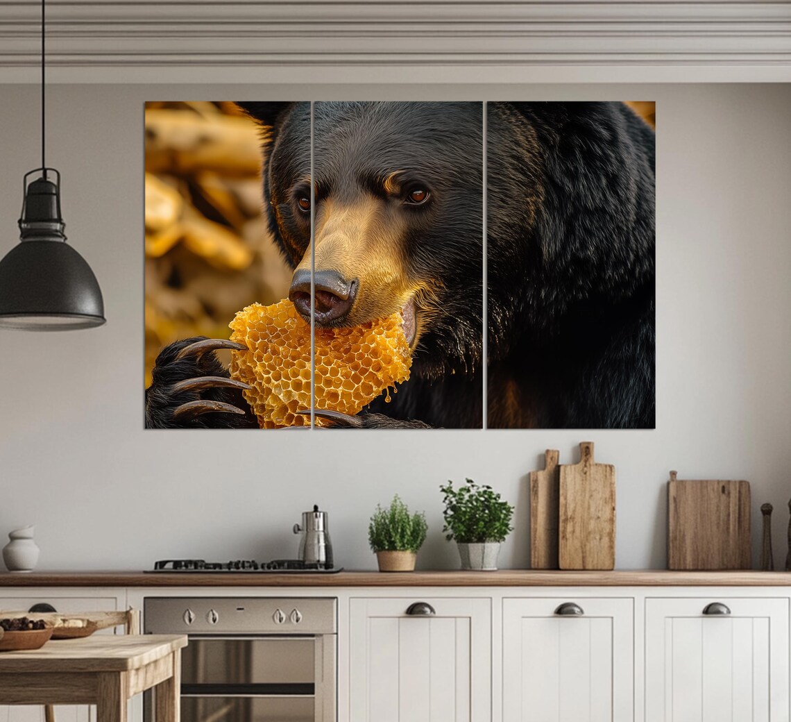 Black Bear Eating Golden Honeycomb Wildlife Close Up Dramatic Art Poster - Image 2
