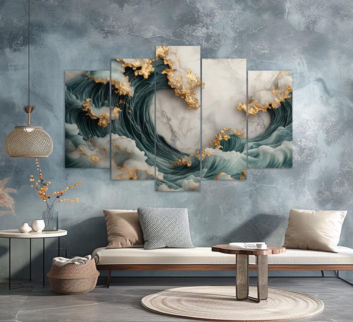 Teal Green Ocean Waves Gold Marble Luxury Abstract Sea Wall Art Poster - Image 2