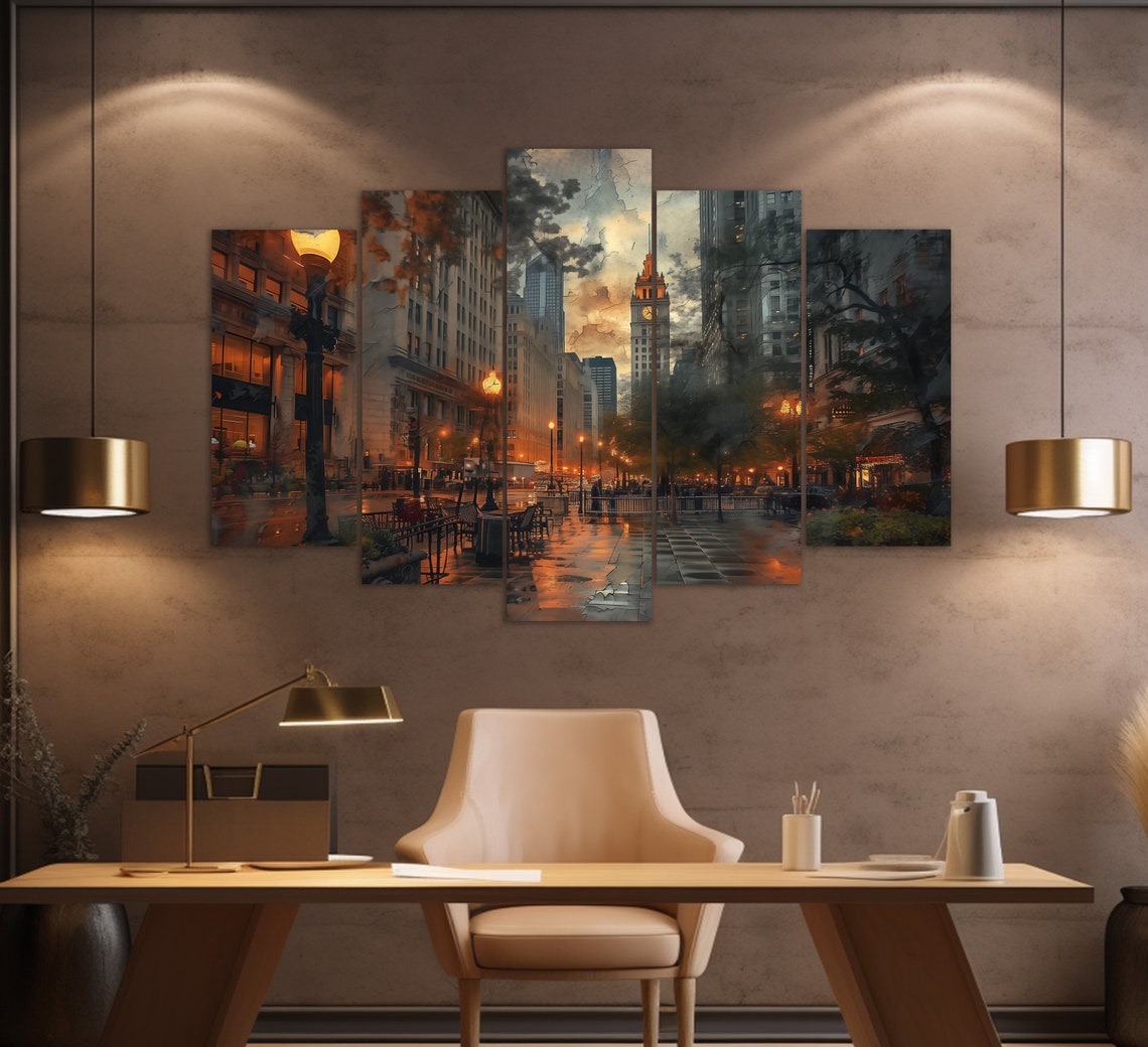 Chicago Michigan Avenue Evening Street Clock Tower View Travel Poster - Image 2